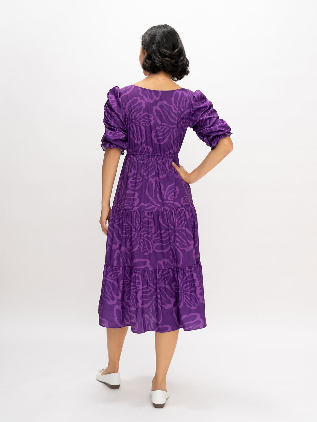 Aask Women's Blue Printed Delta Crush Calf Length Fit and Flare Dress