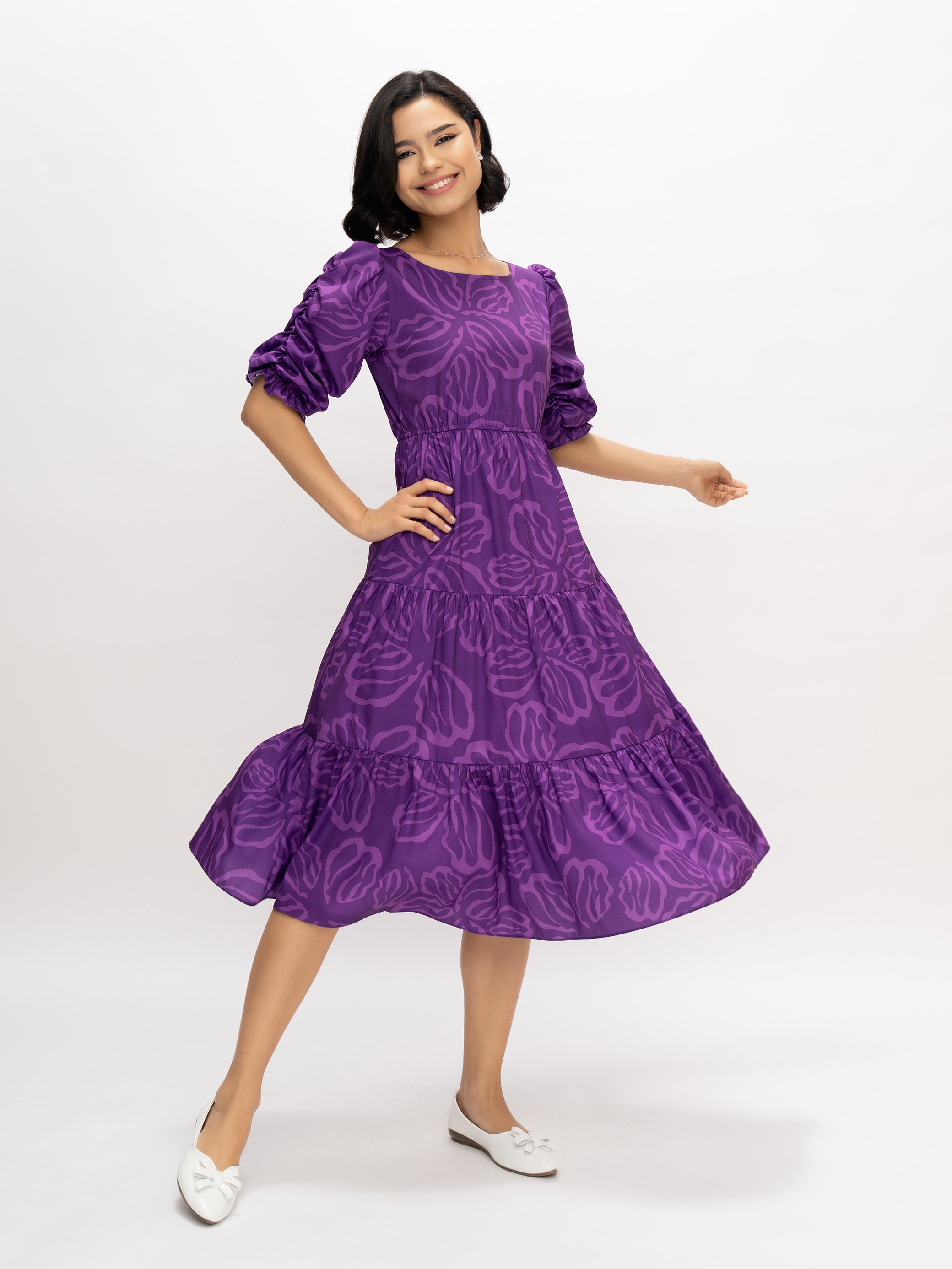 Aask Women's Blue Printed Delta Crush Calf Length Fit and Flare Dress