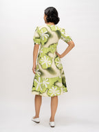 Aask Women's Green Printed Delta Crush Calf Length Fit and Flare Dress