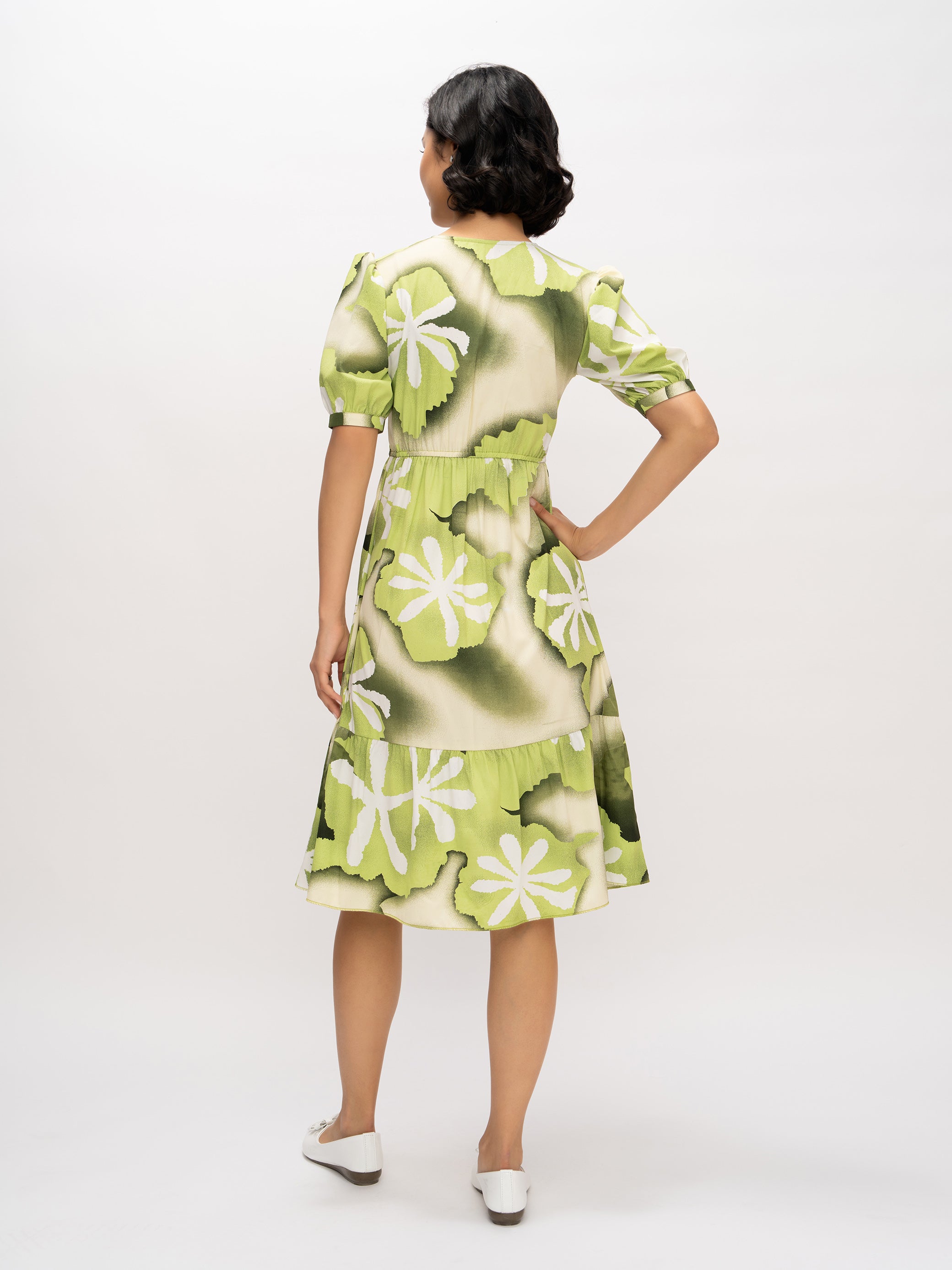 Aask Women's Green Printed Delta Crush Calf Length Fit and Flare Dress