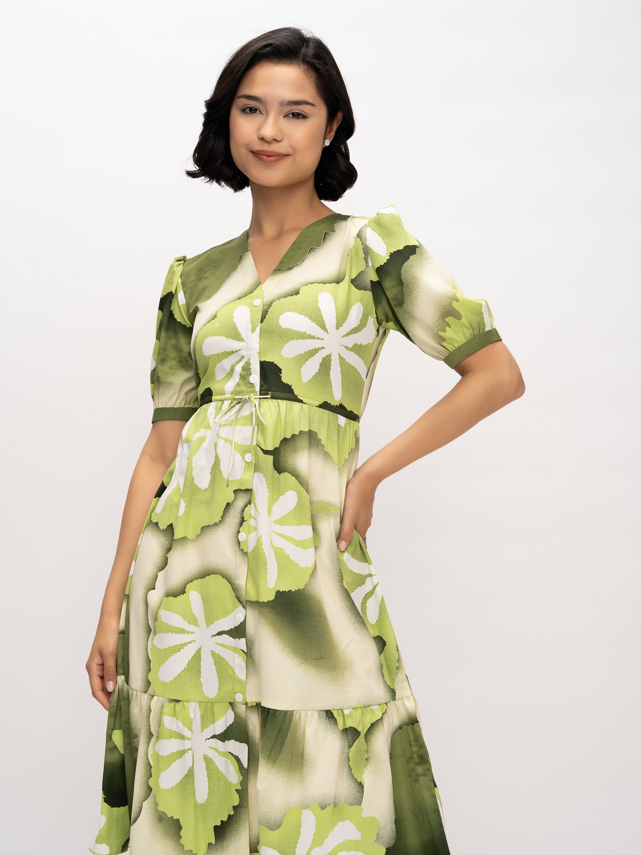 Aask Women's Green Printed Delta Crush Calf Length Fit and Flare Dress