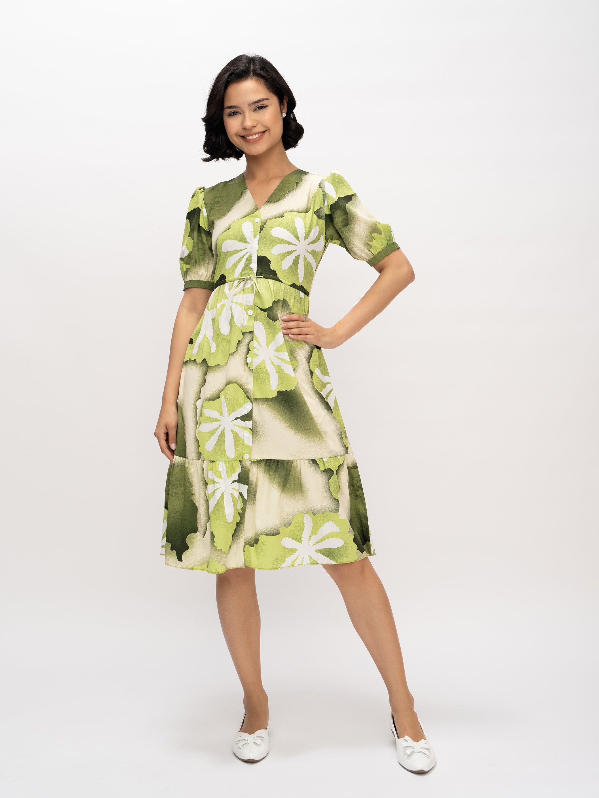 Aask Women's Green Printed Delta Crush Calf Length Fit and Flare Dress