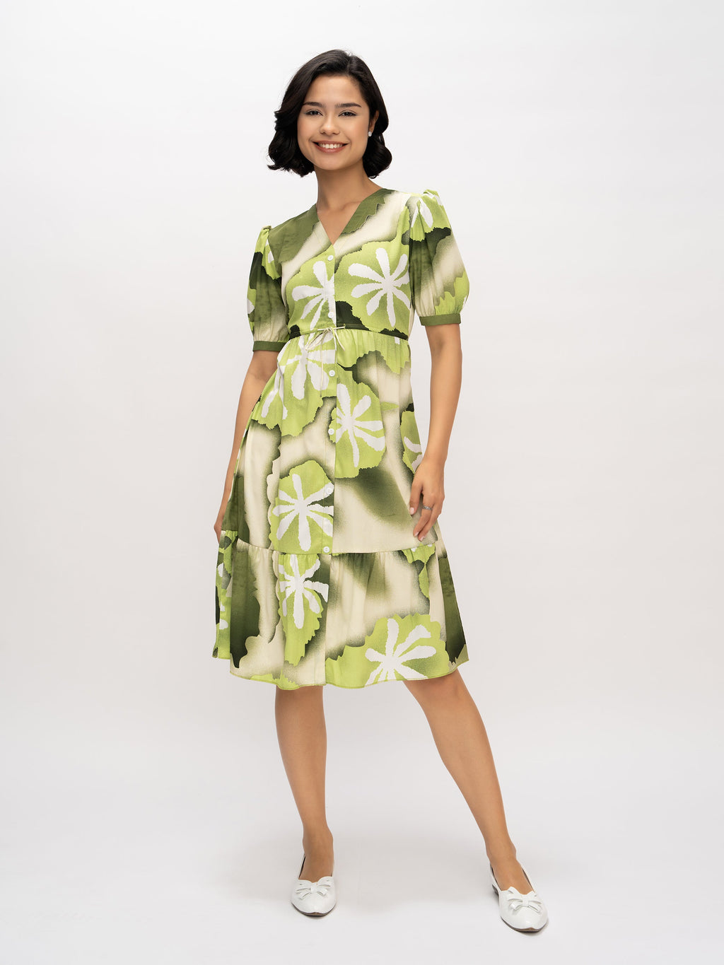 Aask Women's Green Printed Delta Crush Calf Length Fit and Flare Dress