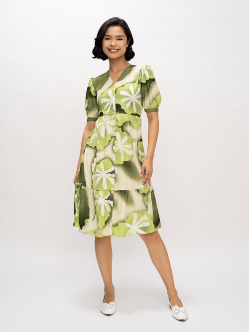 Aask Women's Green Printed Delta Crush Calf Length Fit and Flare Dress