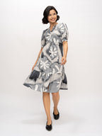 Aask Women's Green Printed Delta Crush Calf Length Fit and Flare Dress