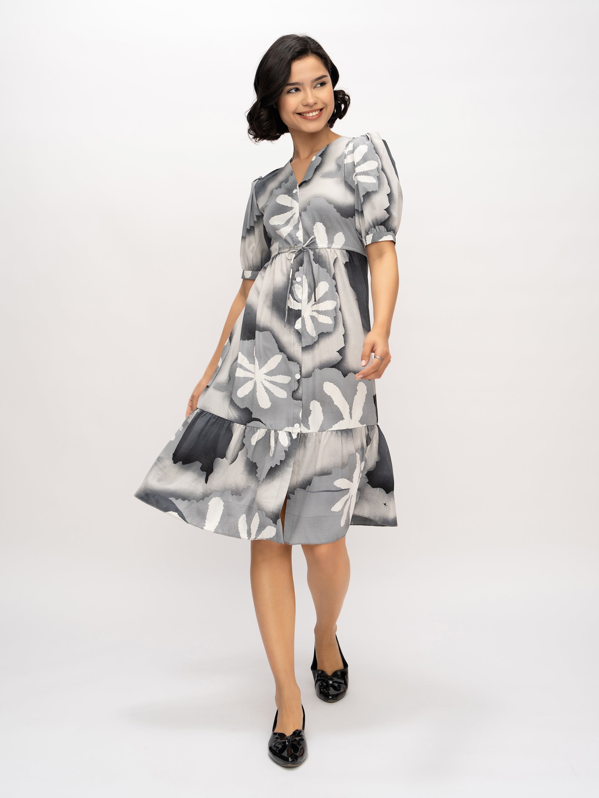 Aask Women's Green Printed Delta Crush Calf Length Fit and Flare Dress