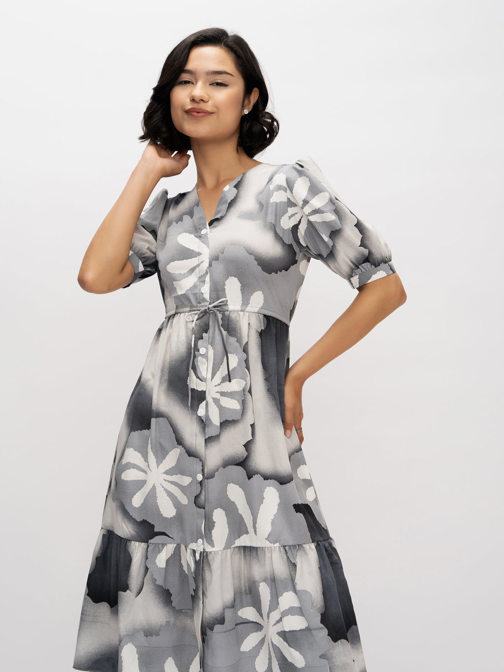 Aask Women's Green Printed Delta Crush Calf Length Fit and Flare Dress