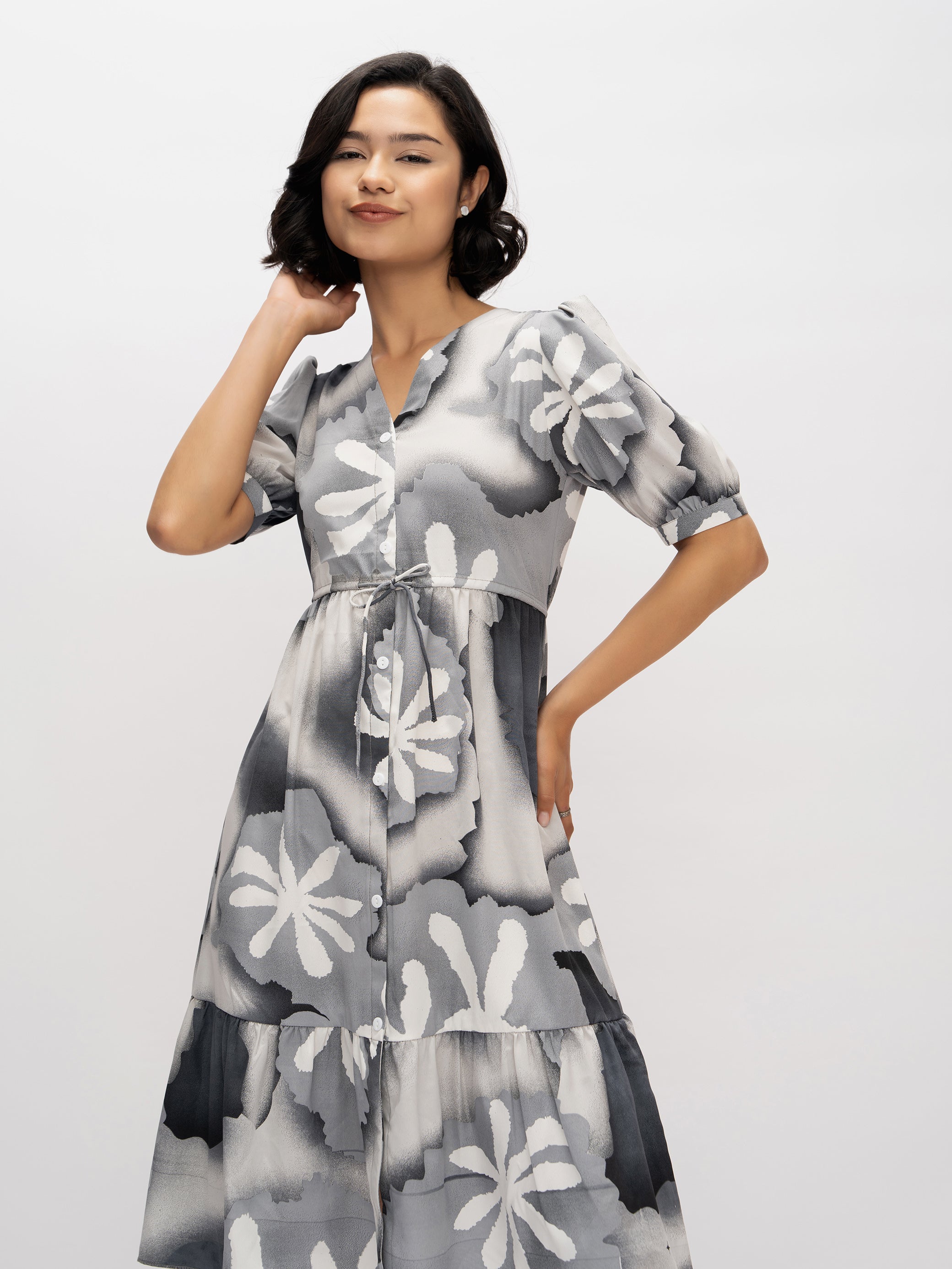 Aask Women's Green Printed Delta Crush Calf Length Fit and Flare Dress