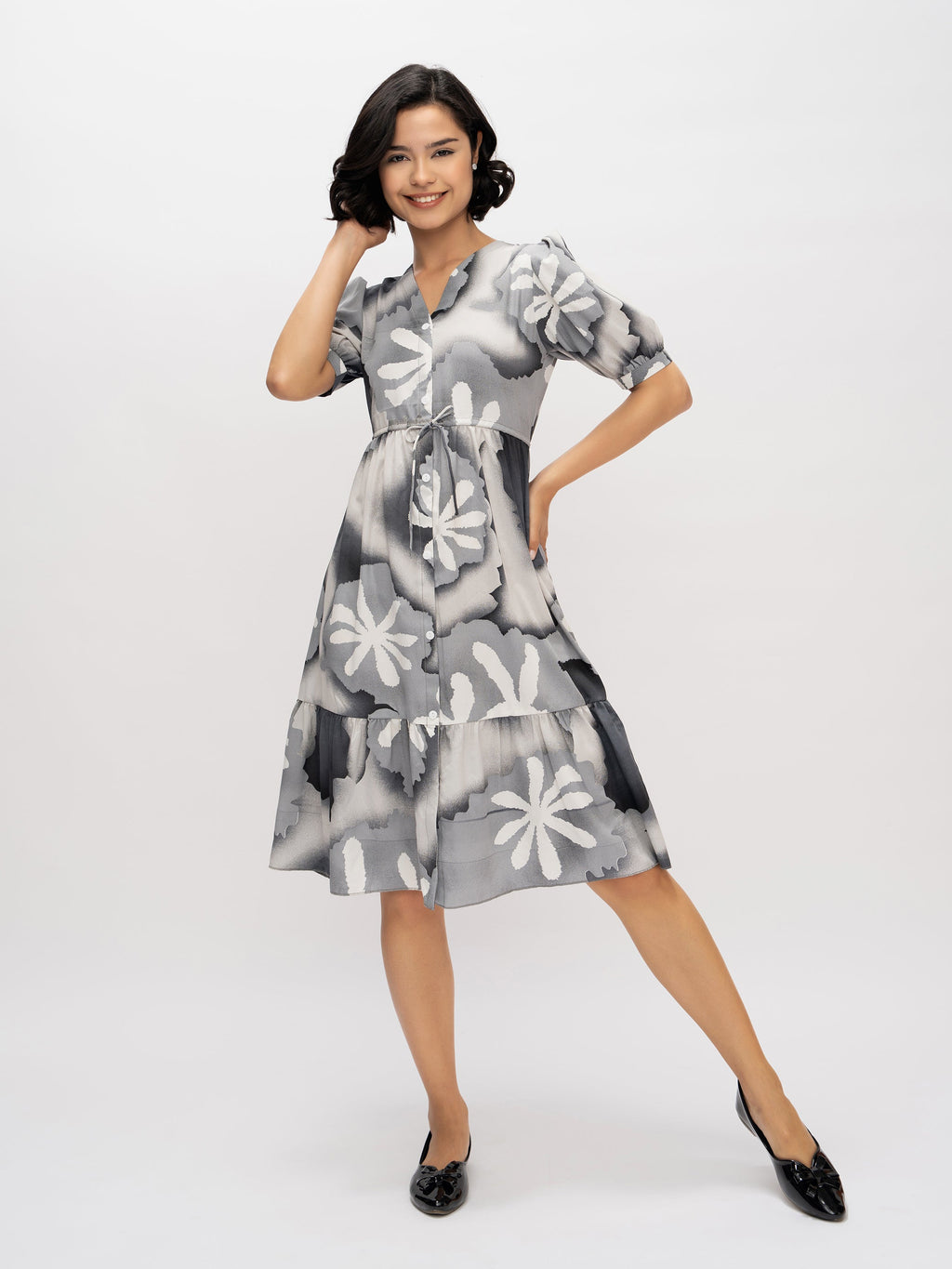 Aask Women's Green Printed Delta Crush Calf Length Fit and Flare Dress