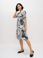 Aask Women's Green Printed Delta Crush Calf Length Fit and Flare Dress