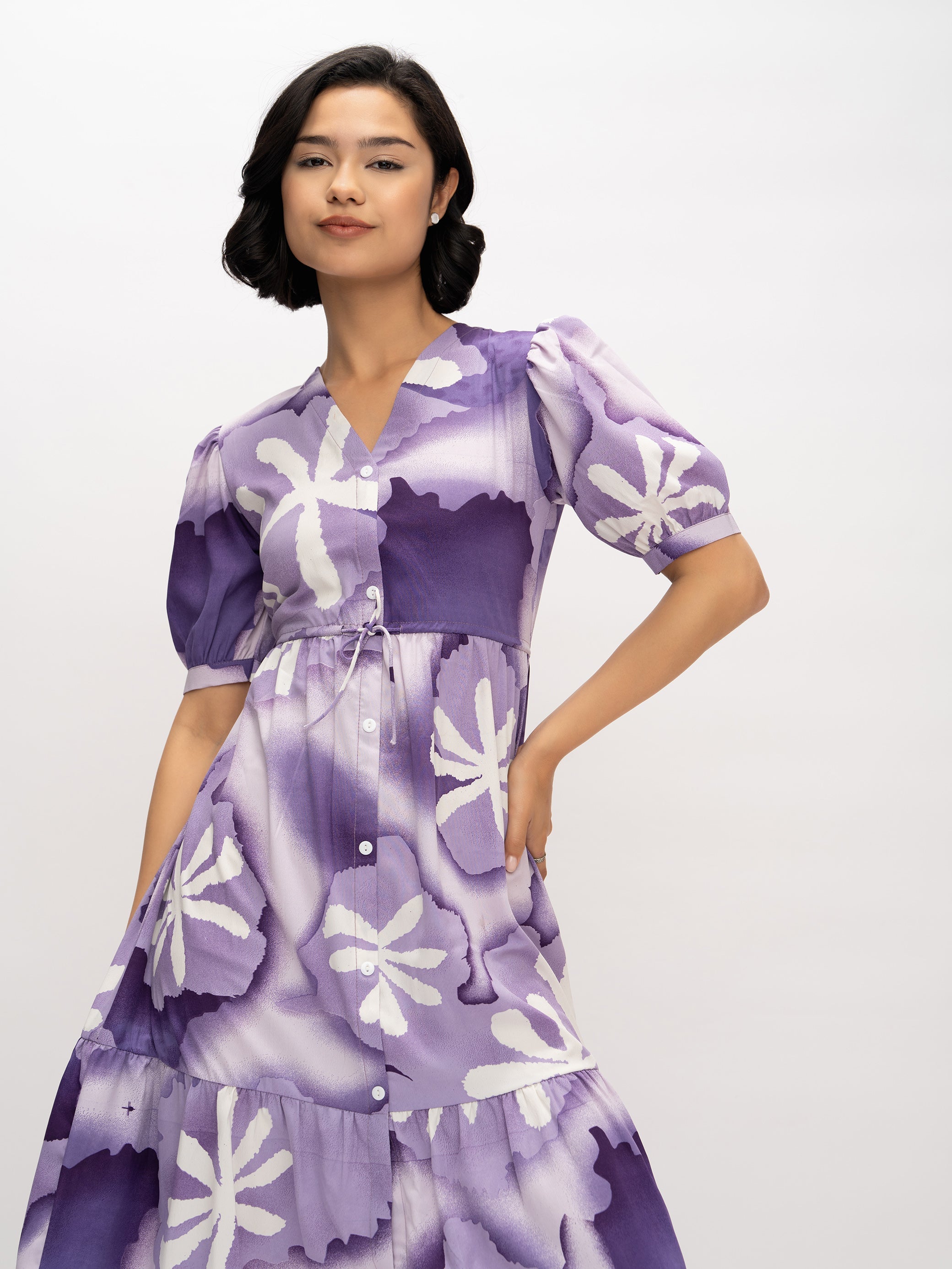 Aask Women's Green Printed Delta Crush Calf Length Fit and Flare Dress