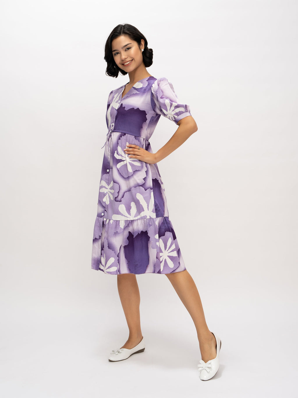 Aask Women's Green Printed Delta Crush Calf Length Fit and Flare Dress