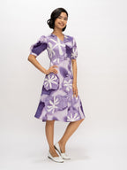 Aask Women's Green Printed Delta Crush Calf Length Fit and Flare Dress