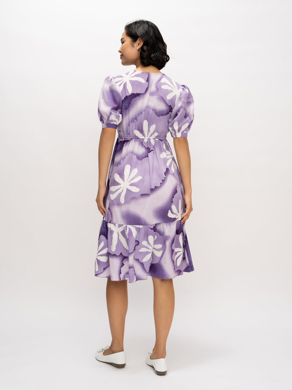 Aask Women's Green Printed Delta Crush Calf Length Fit and Flare Dress