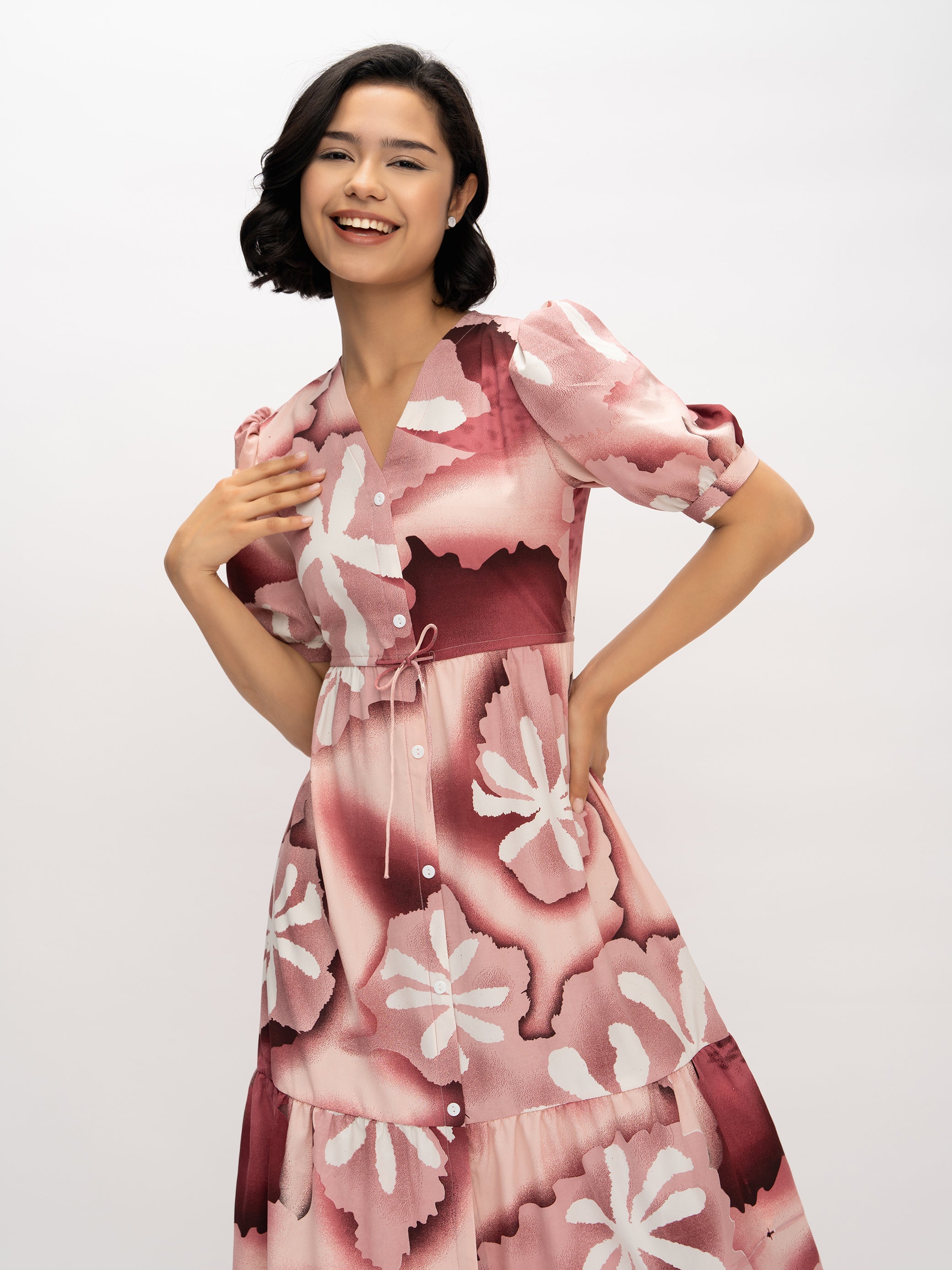 Aask Women's Green Printed Delta Crush Calf Length Fit and Flare Dress