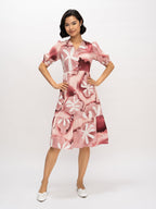 Aask Women's Green Printed Delta Crush Calf Length Fit and Flare Dress