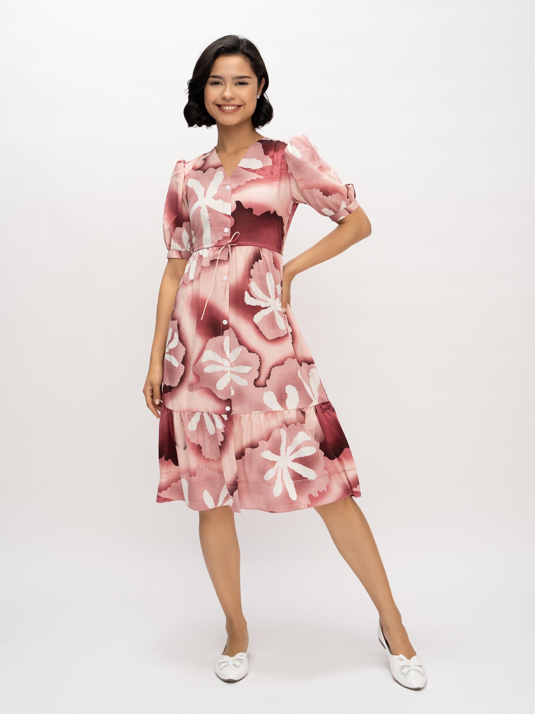 Aask Women's Green Printed Delta Crush Calf Length Fit and Flare Dress