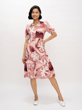 Aask Women's Green Printed Delta Crush Calf Length Fit and Flare Dress