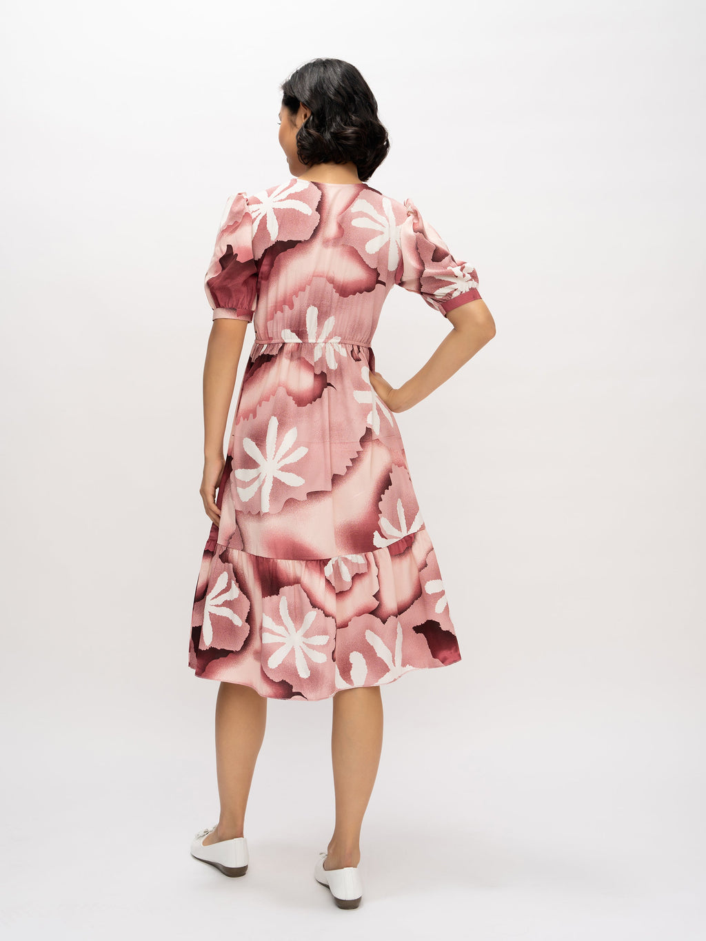 Aask Women's Green Printed Delta Crush Calf Length Fit and Flare Dress