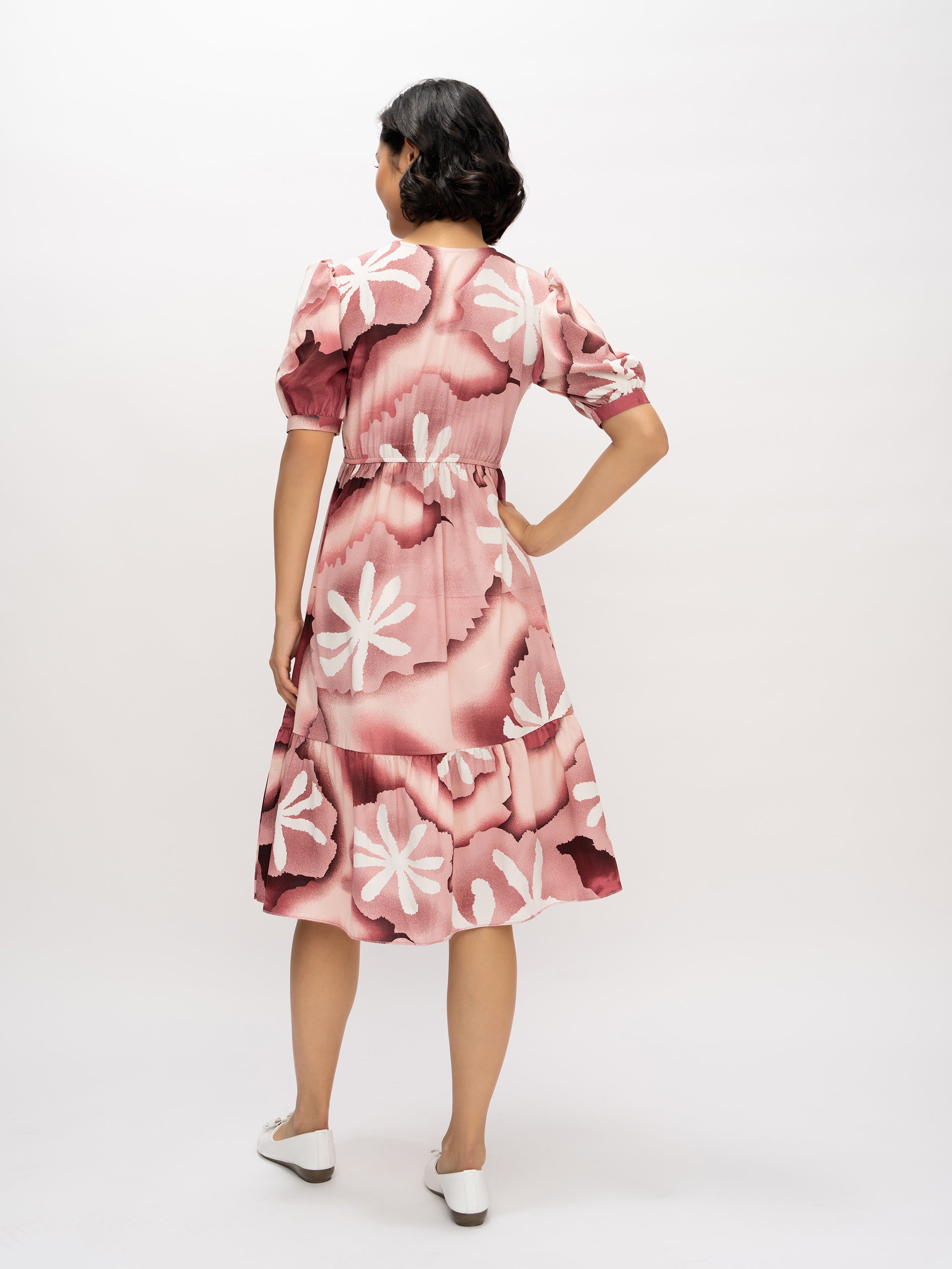 Aask Women's Green Printed Delta Crush Calf Length Fit and Flare Dress