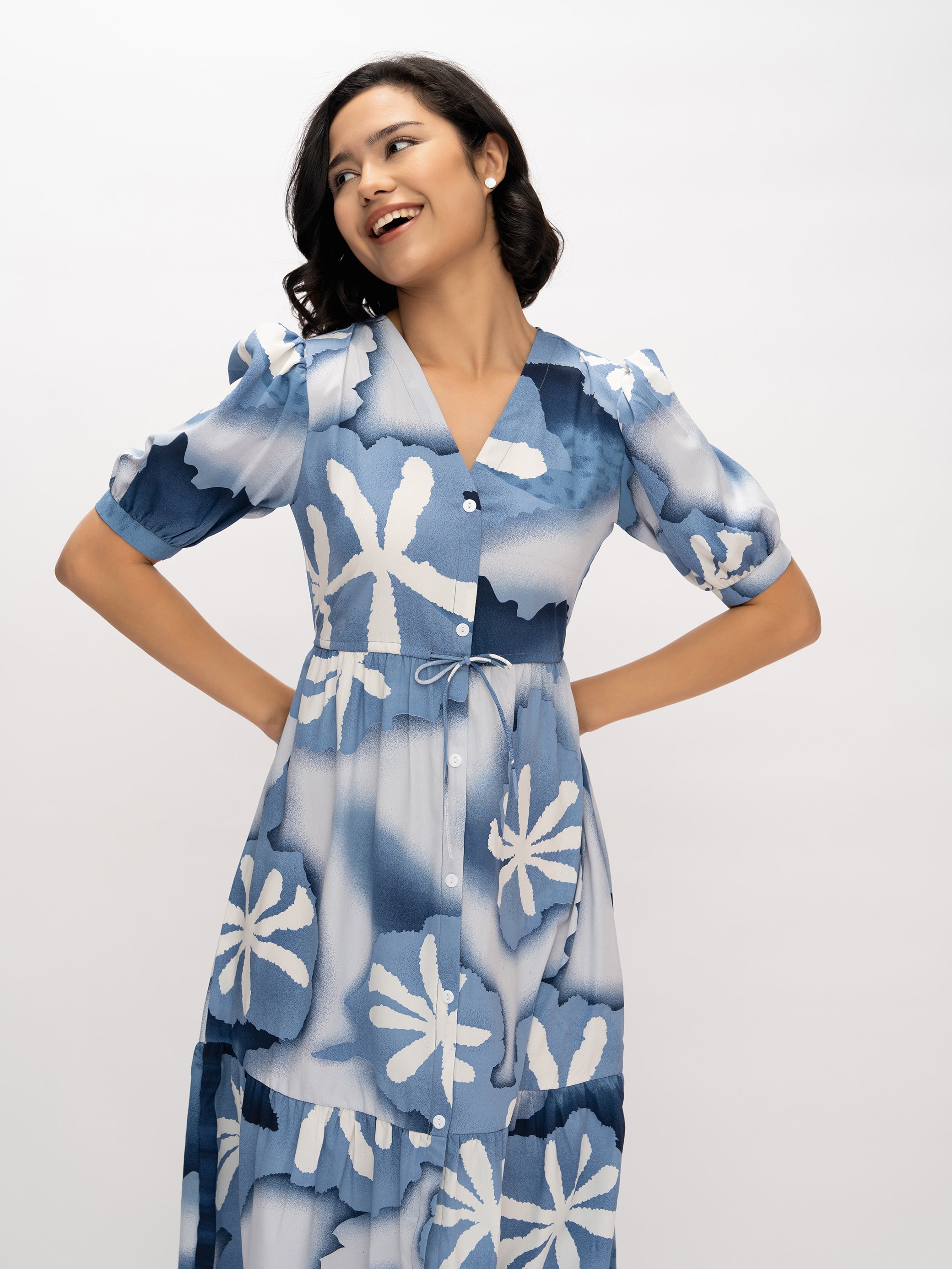 Aask Women's Green Printed Delta Crush Calf Length Fit and Flare Dress