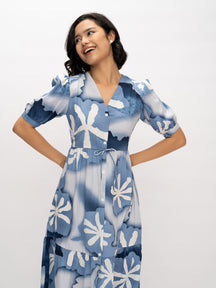 Aask Women's Green Printed Delta Crush Calf Length Fit and Flare Dress