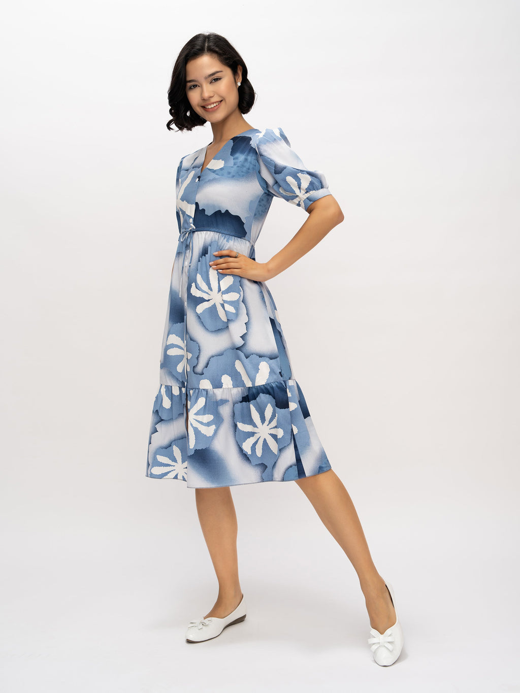 Aask Women's Green Printed Delta Crush Calf Length Fit and Flare Dress