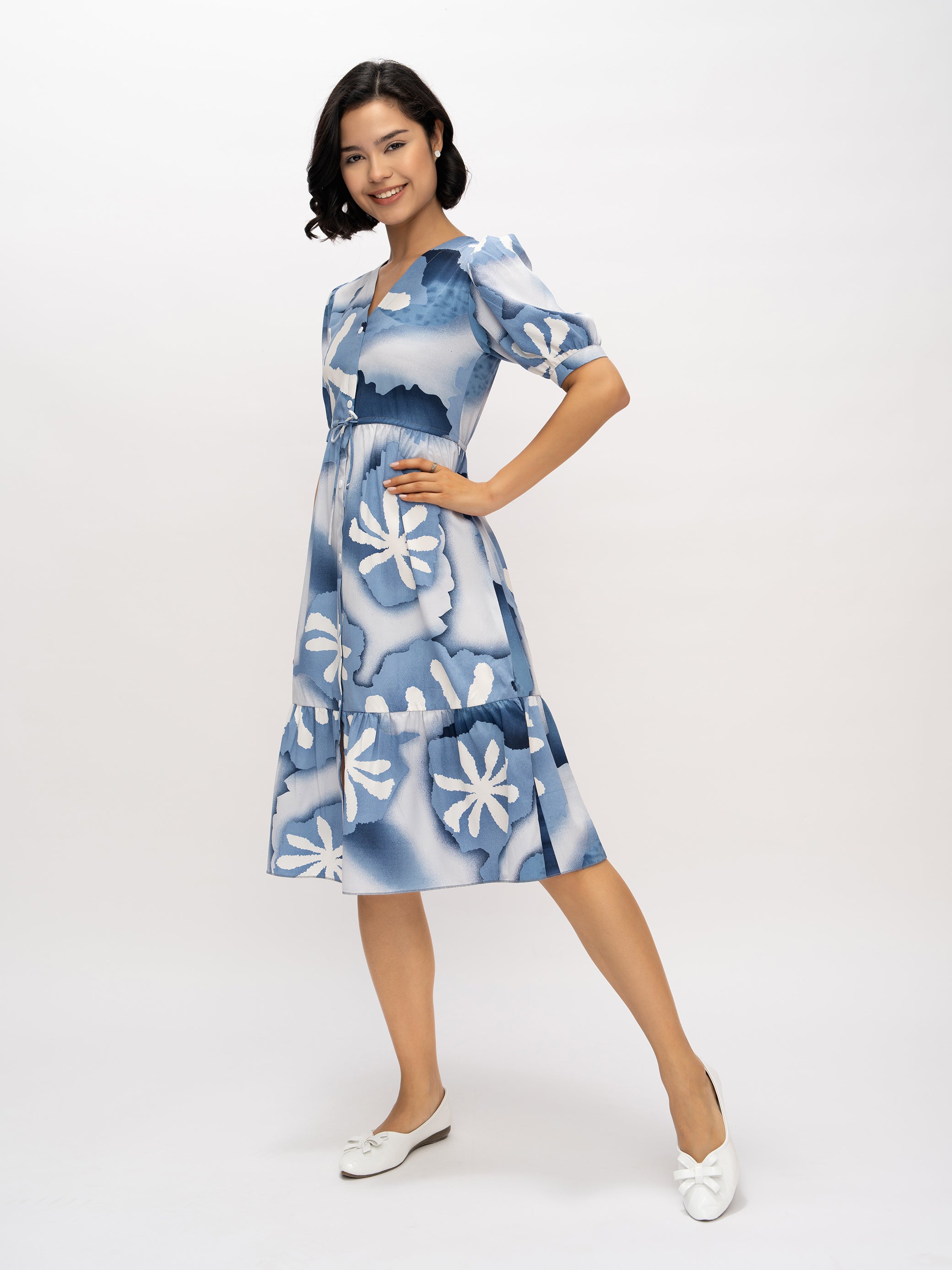 Aask Women's Green Printed Delta Crush Calf Length Fit and Flare Dress