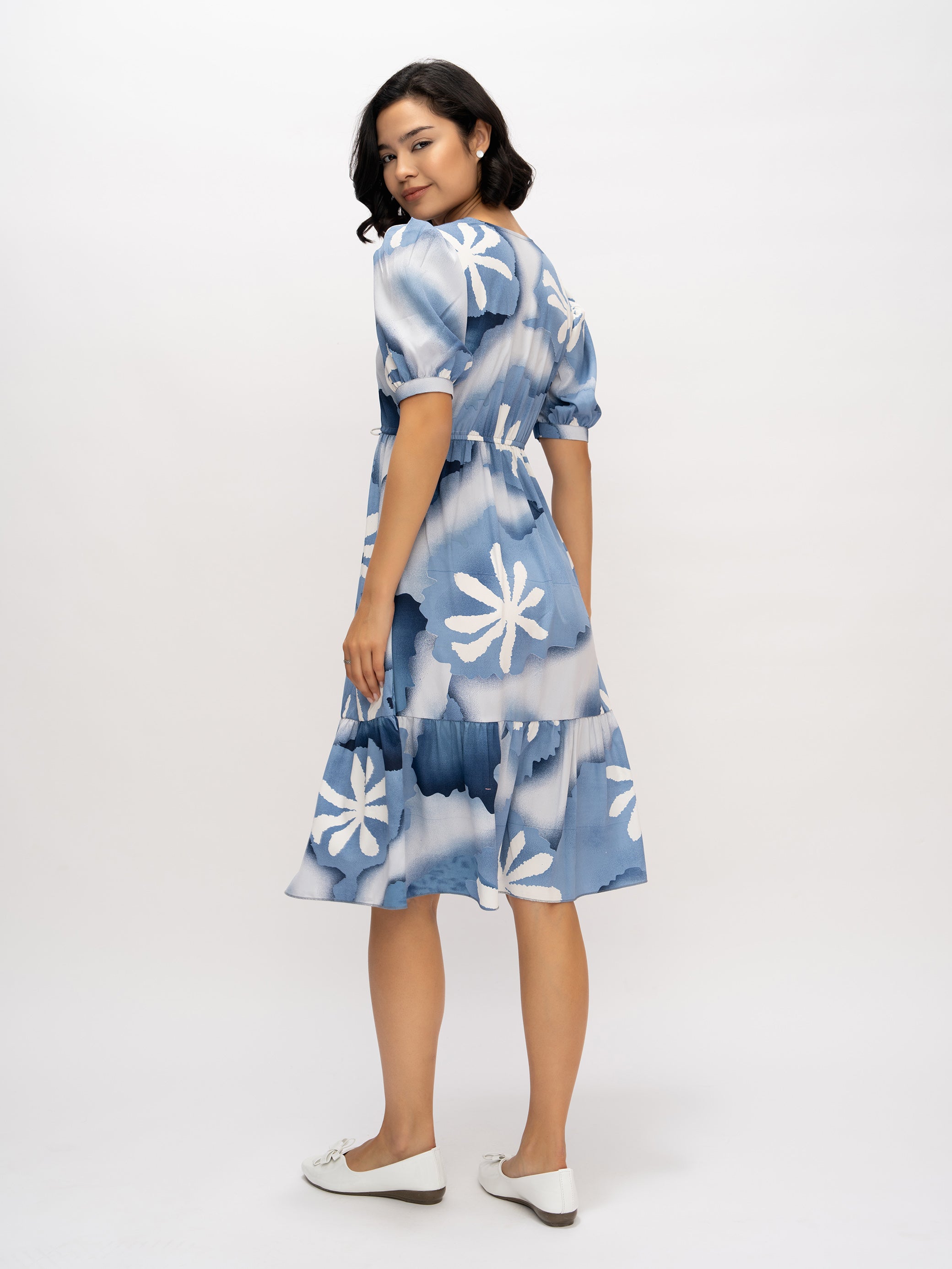 Aask Women's Green Printed Delta Crush Calf Length Fit and Flare Dress