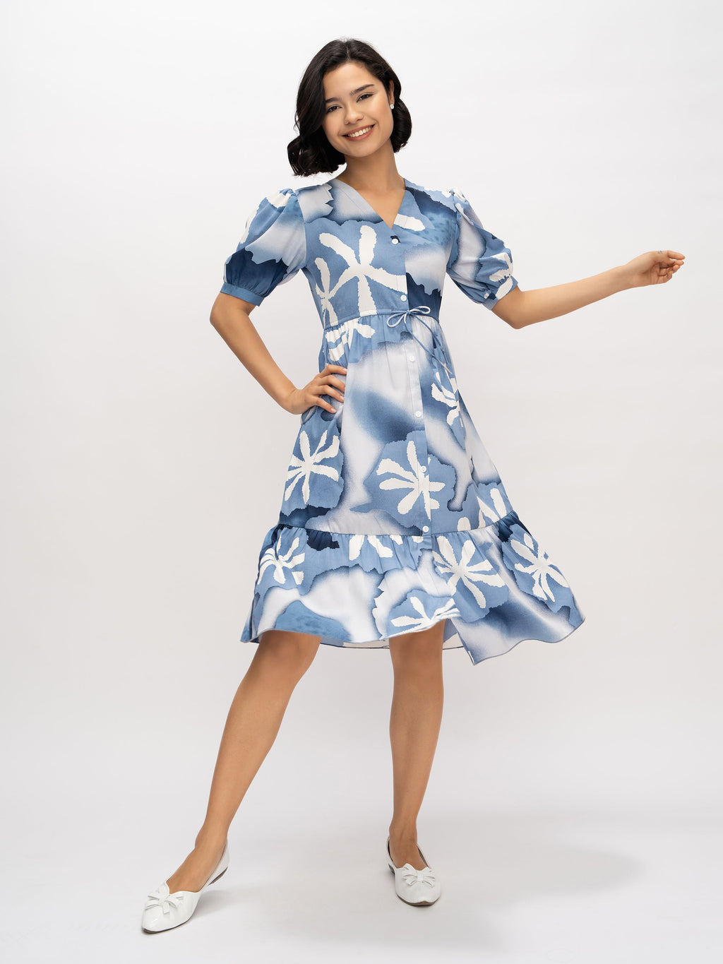 Aask Women's Green Printed Delta Crush Calf Length Fit and Flare Dress