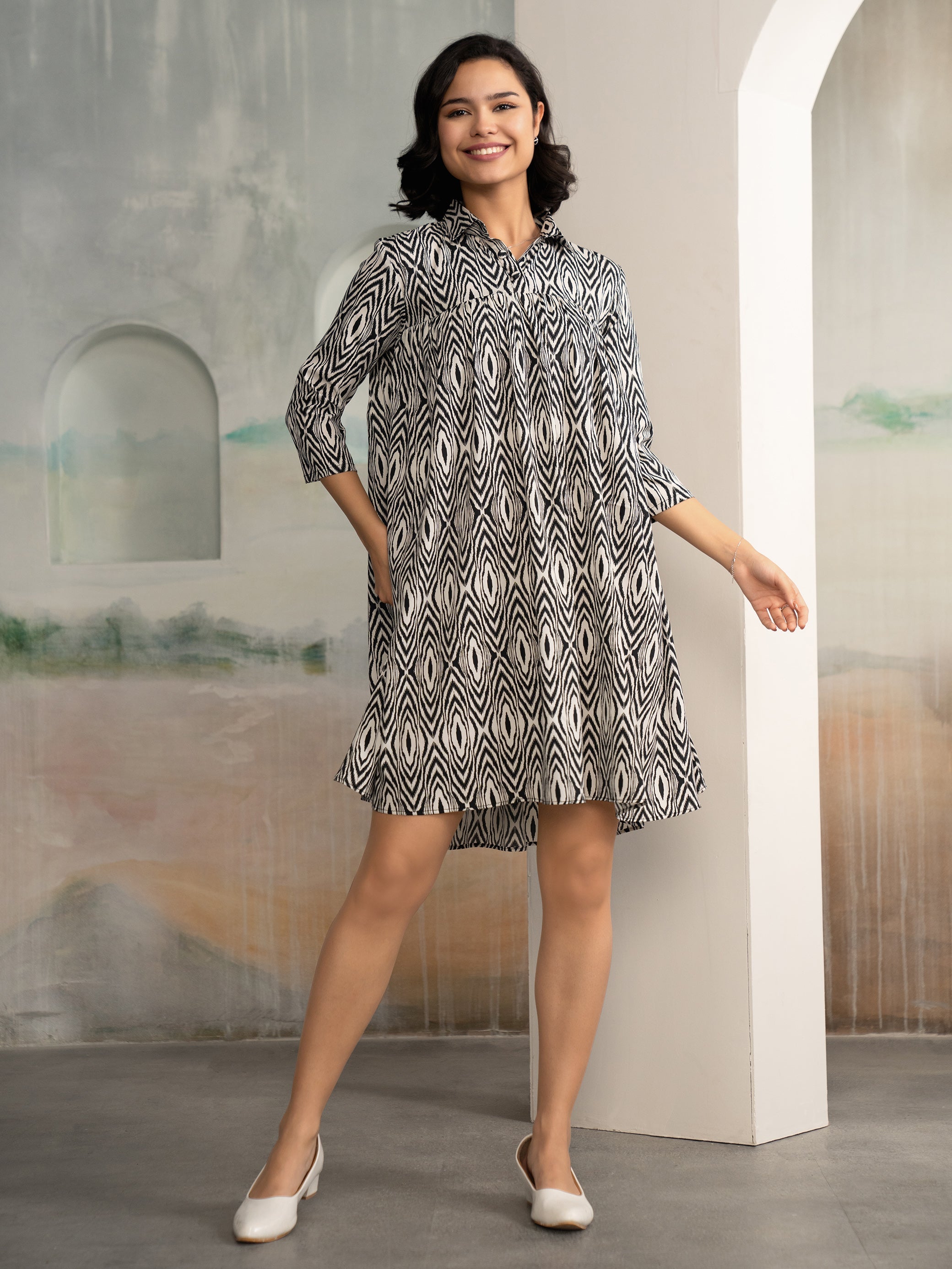 AASK Women's Pista Printed Delta Crepe Flared Knee Length Dress