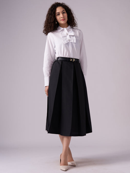 Cotton Midi Flared Pleated Skirt With Belt Loop