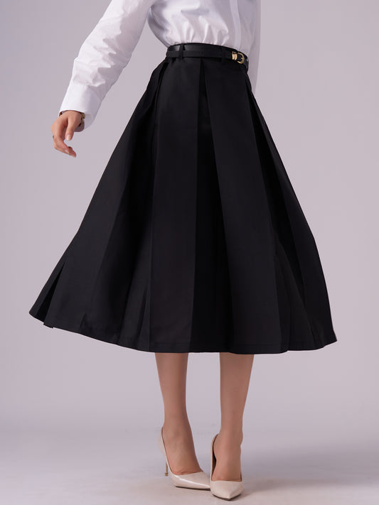 Cotton Midi Flared Pleated Skirt With Belt Loop