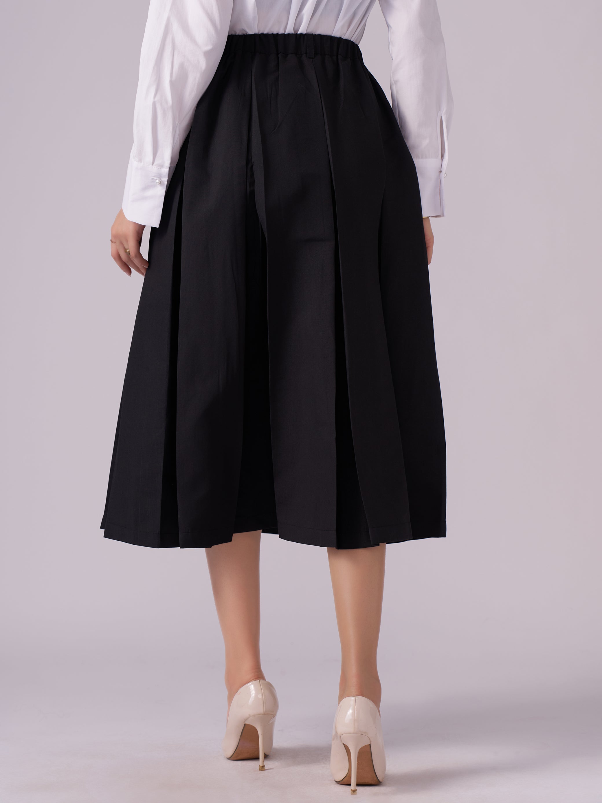 Cotton Midi Flared Pleated Skirt With Belt Loop