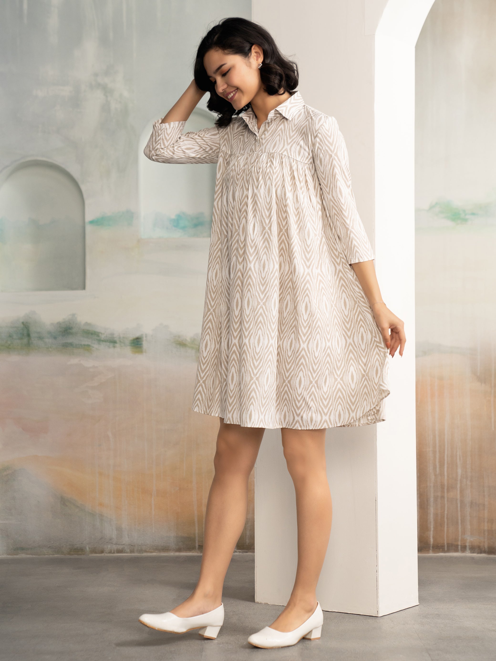 AASK Women's Pista Printed Delta Crepe Flared Knee Length Dress