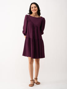 Boat Neck Puff Sleeves A-Line Dress