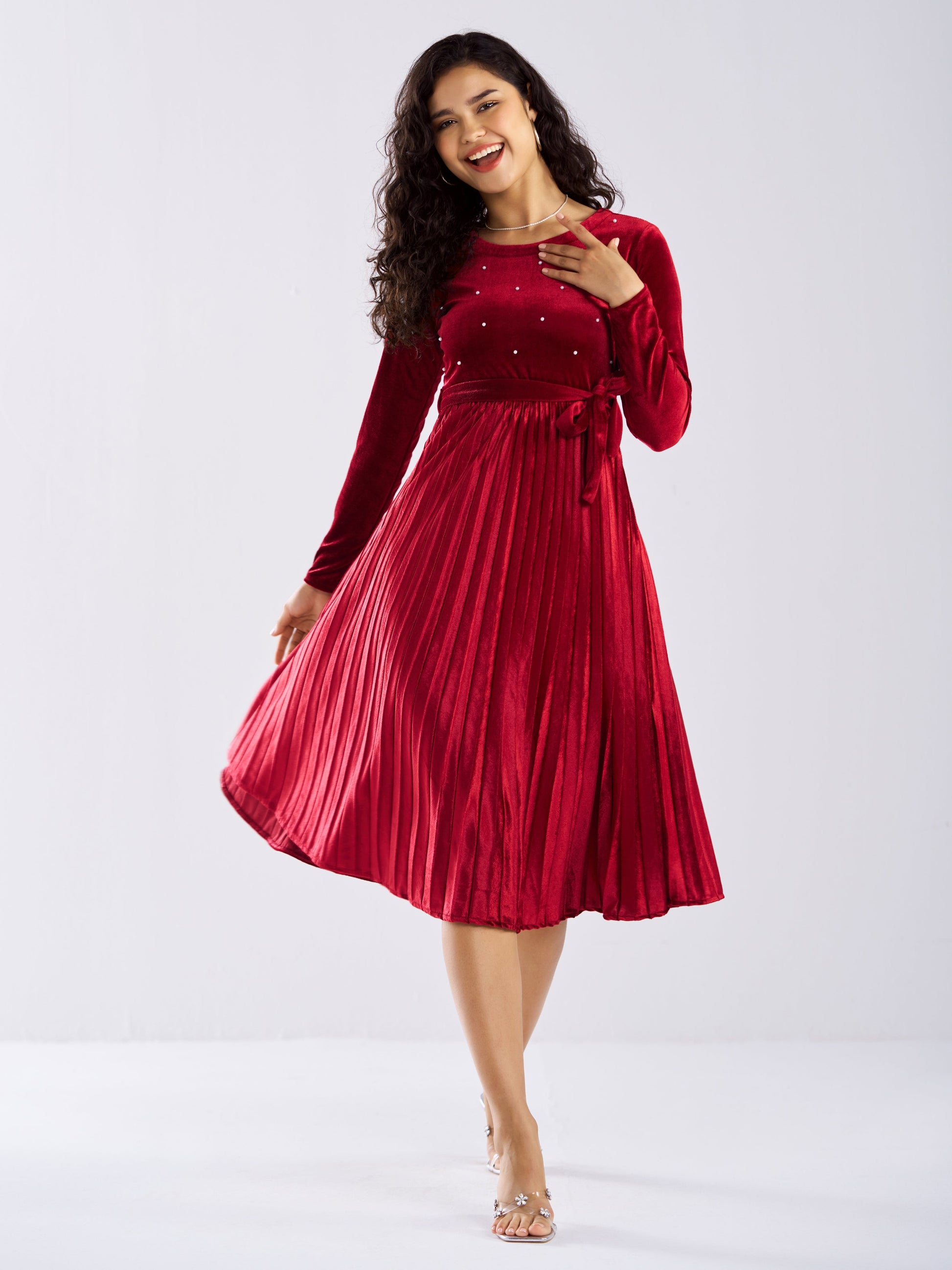 Women Solid Plain Round Neck Full Sleeves Dress – Aaskstore