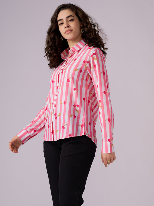 Pink & White Striped Cherry Print Cotton Blend Shirt for Women