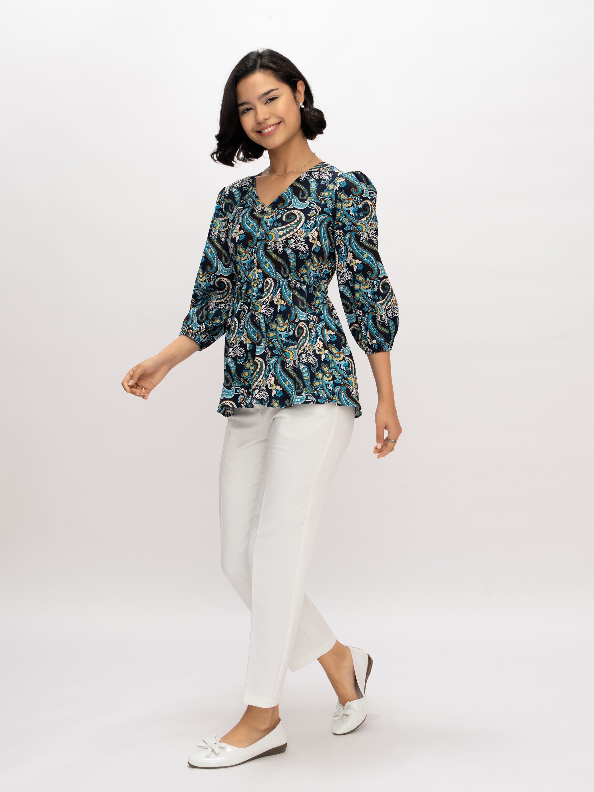 AASK Women's Polyester Printed Teal Color Regular Top – Aaskstore
