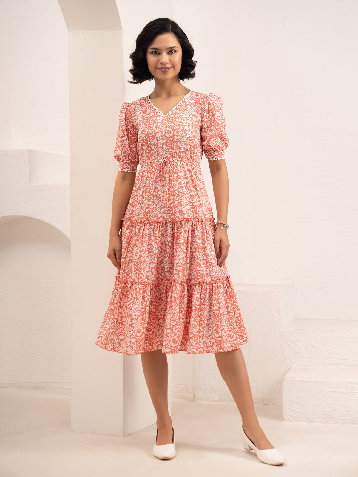 Women's Gajari Printed Crush Crepe Tiered Midi Length Dress