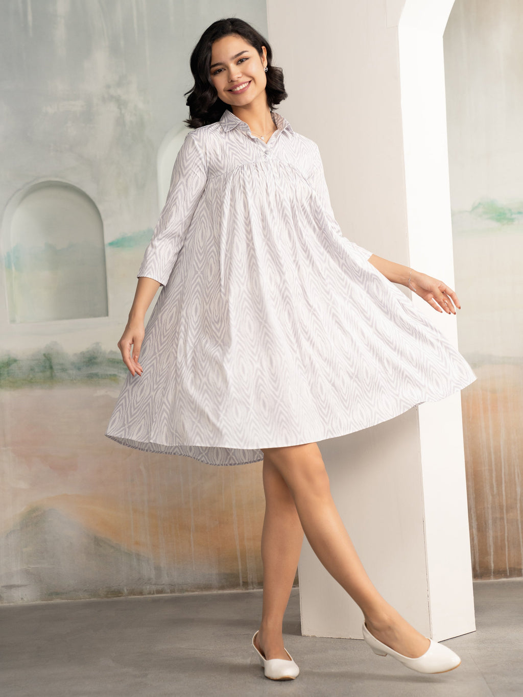 AASK Women's Pista Printed Delta Crepe Flared Knee Length Dress