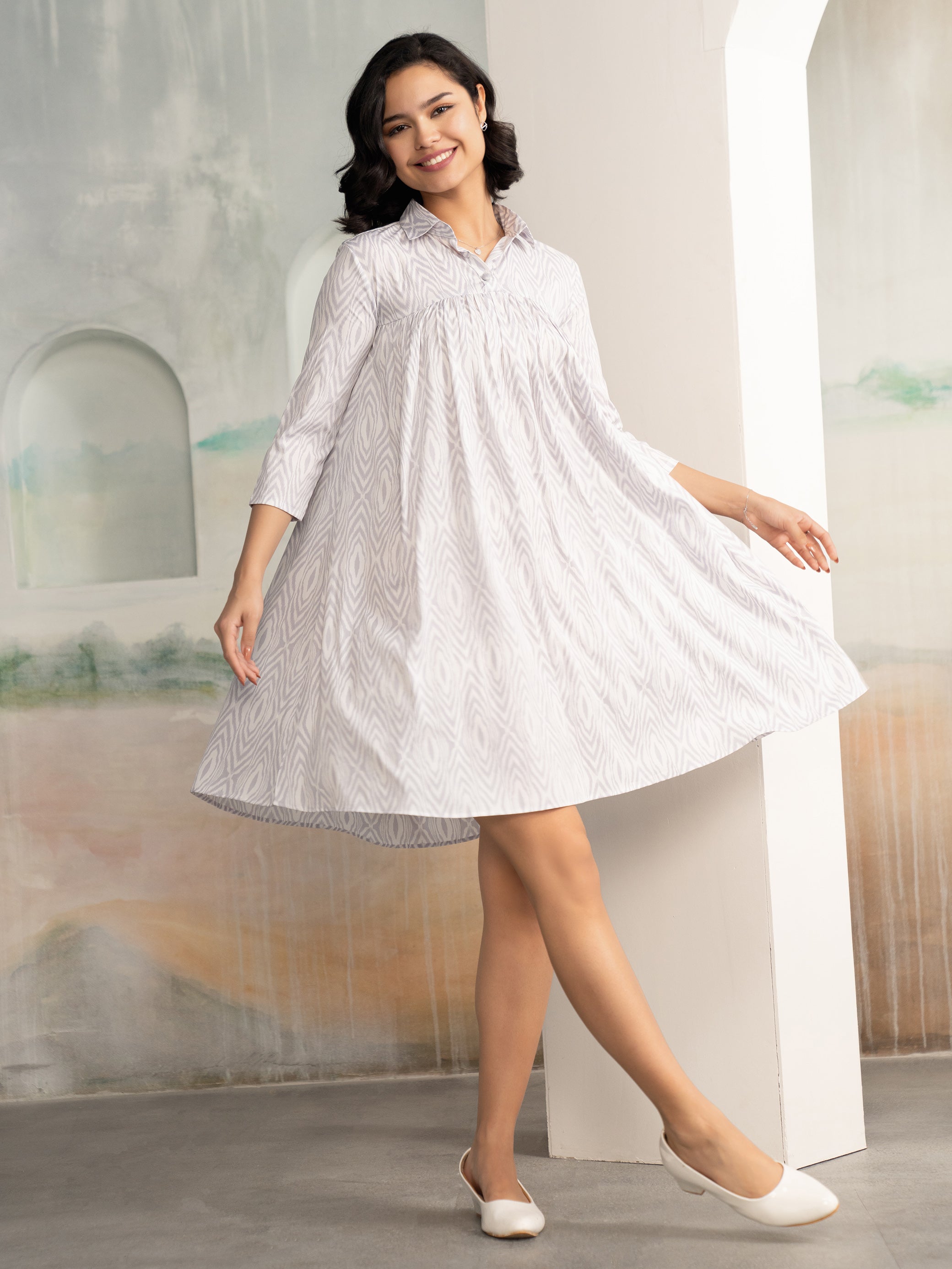 AASK Women's Pista Printed Delta Crepe Flared Knee Length Dress