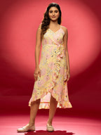 AASK Women's Yellow Printed Delta Crepe Fit and Flare Calf Length Dress