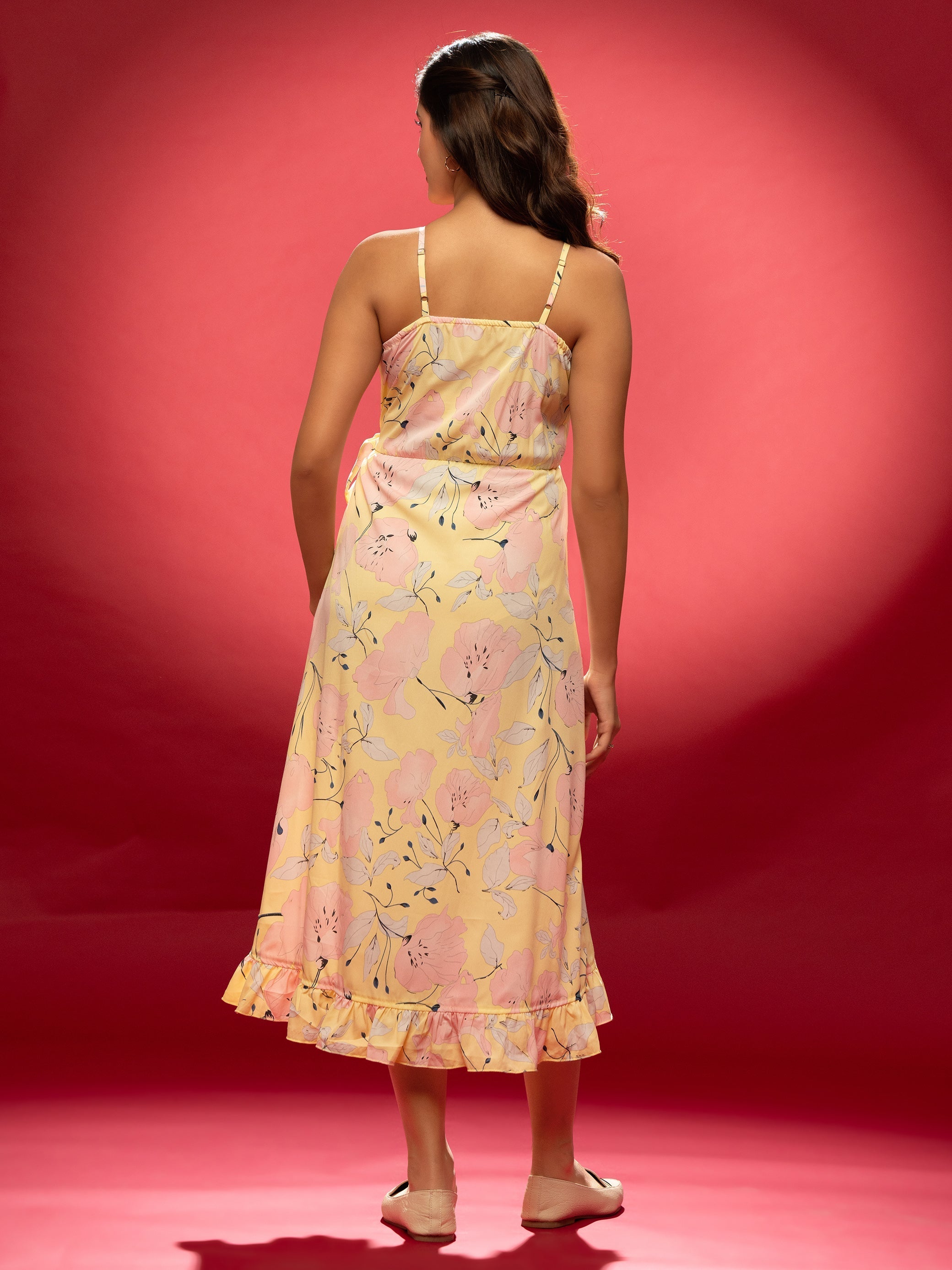 AASK Women's Yellow Printed Delta Crepe Fit and Flare Calf Length Dress