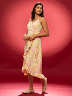 AASK Women's Yellow Printed Delta Crepe Fit and Flare Calf Length Dress