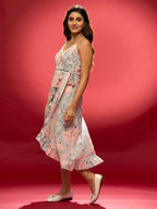 AASK Women's Yellow Printed Delta Crepe Fit and Flare Calf Length Dress