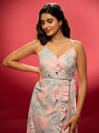 AASK Women's Yellow Printed Delta Crepe Fit and Flare Calf Length Dress