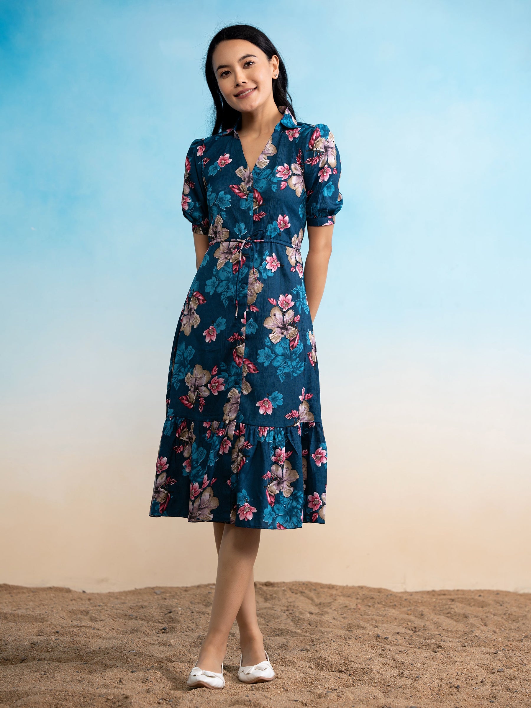 Women Crushed Crepe Floral PRINTed Teal Color Dress
