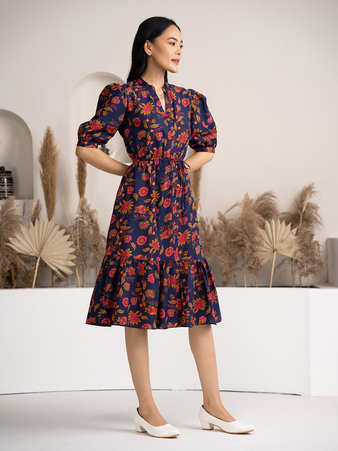 white christmas dresses Women Crushed Crepe Floral Printed Black Color Dress – Aaskstore
