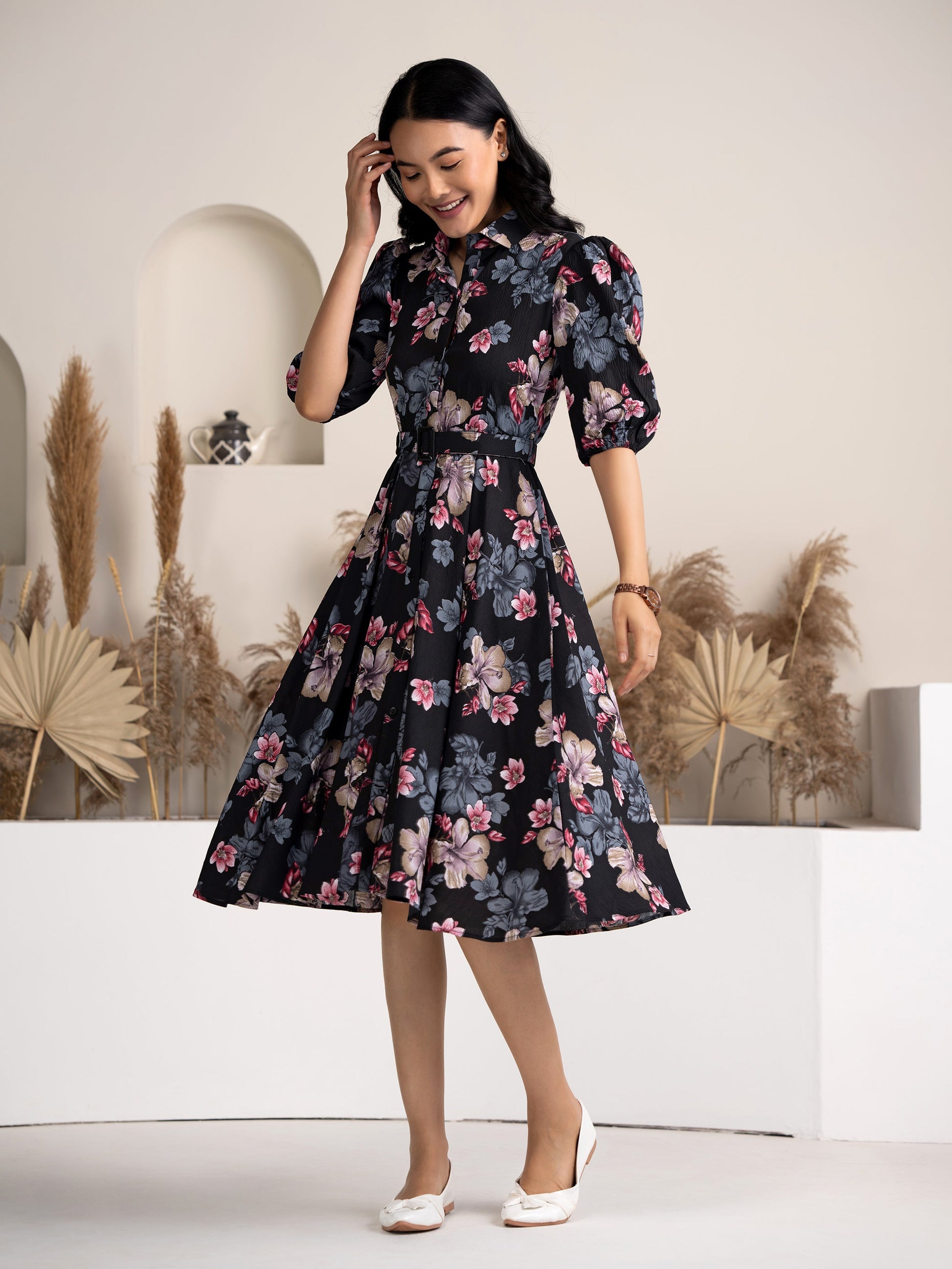 fit and flare western dress for women Floral Printed Georgette Fit & Flare Overlap Asymmetric Halter Neck Midi Dress M / Blue